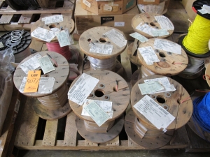 (5 PALLETS) MISC. ELECTRICAL WIRE, AND CABLE! (20+) INDIVIDUAL SPOOLS TO INCLUDE BUT NOT LIMITED TO: (1 SPOOL) CABLE, ELECTRICAL TYPE, 16 AWG SIZE, 600V RATING, COPPER MATERIAL, 3 CONDUCTOR, INSTRUMENTATION KIND. SHIELDED, CROSS-LINKED POLYETHYLENE INSULATED, RED, HYPALON (CSPE) JACKET, FIREWALL III, CABLE CODE J36, (6 SPOOLS) WIRE, ELECTRICAL TYPE, 14 AWG SIZE, 600V 90DEG C OPE RATING, RED COLOR, TEMP RATING, TINNED COPPER MATERIAL, SWITCHBOARD, SIS KIND. INSULATED, WITH HEAT, MOISTURE AND FLAME RESISTANT CROSS LINKED SYNTHETIC POLYMER CONSTRUCTION, ETC.. LOADING & HANDLING FEE $30-4077